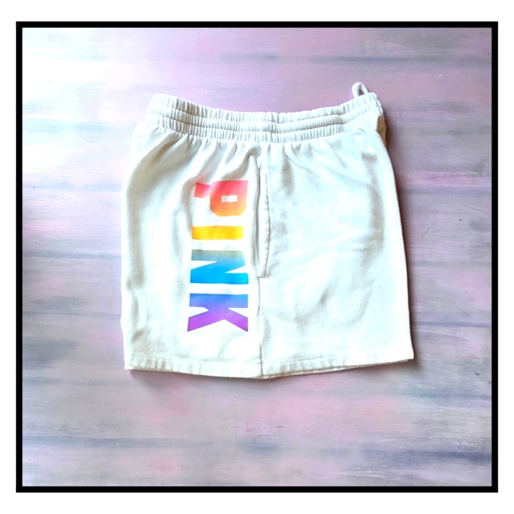 PINK Victoria's Secret - White Rainbow Logo Campus Shorts - Sz S